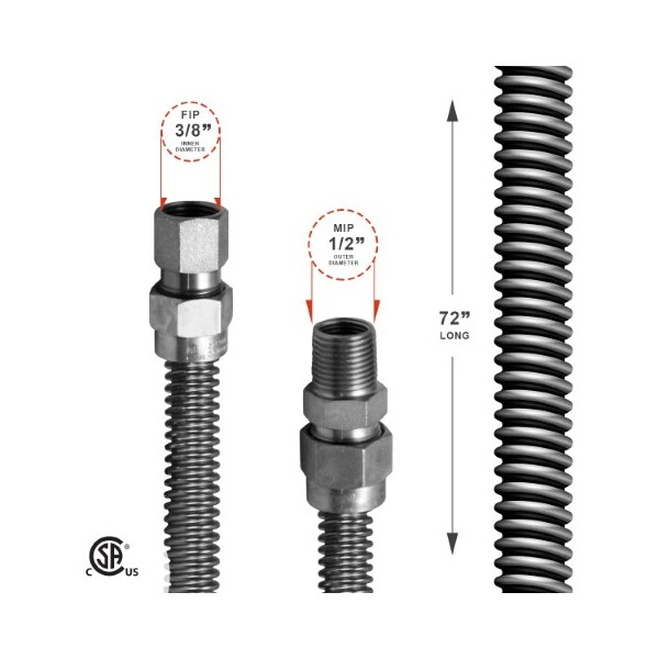 Gas Line Hose 1/2'' O.D.x72'' Length 3/8 FIPx1/2 MIP Fittings, Stainless Steel Flexible Connector